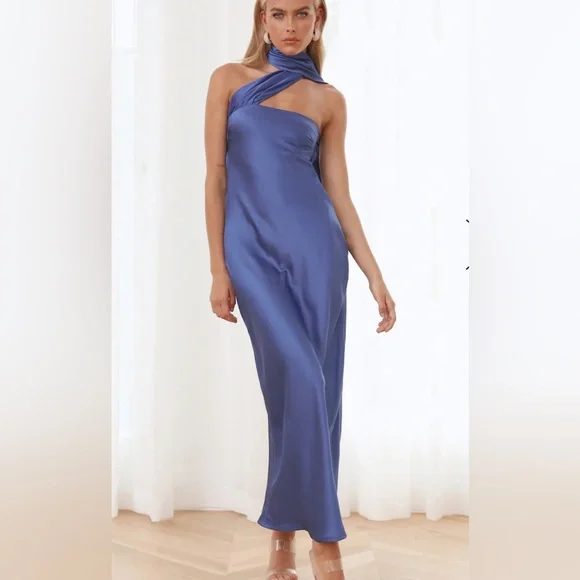 hello molly dark blue dress Navy Blue Silk Maxi Dress